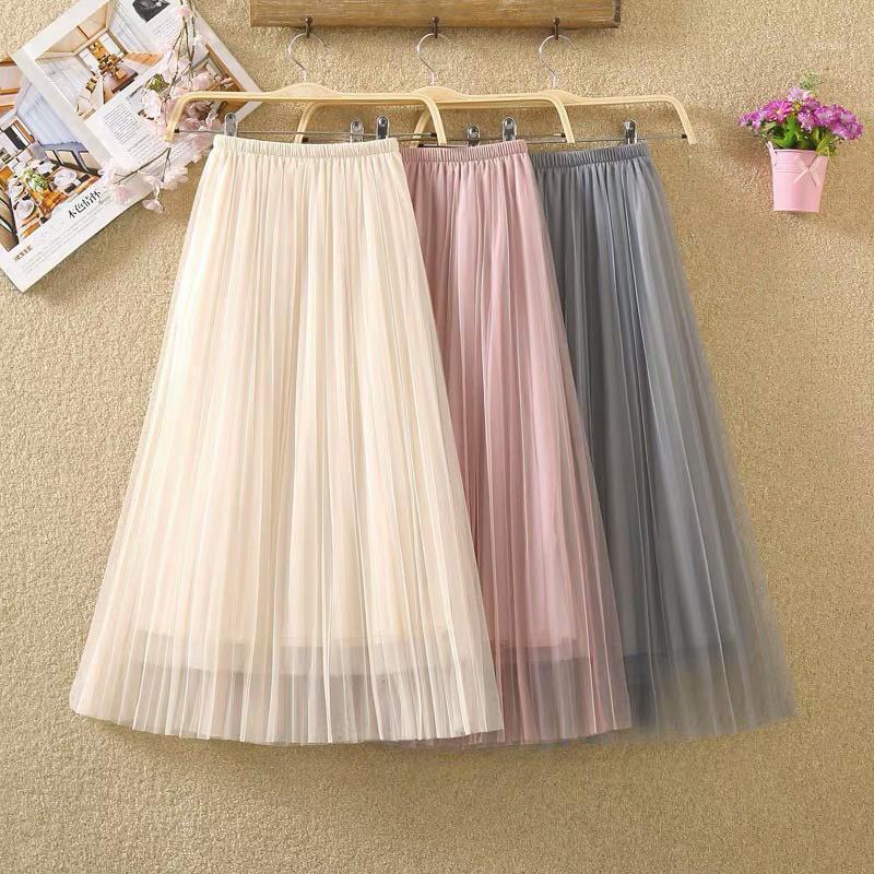 

Chic Summer Skirts Womens High Waist Solid Mesh Pleated Skirt Women 2022 Midi Korean Style Tulle Black Pink Woman