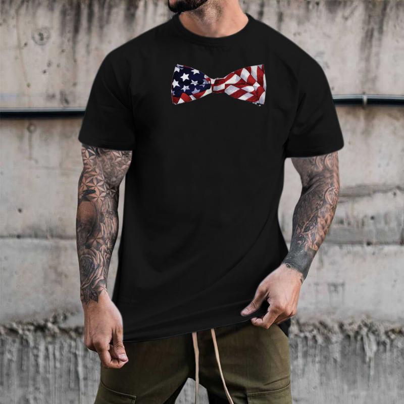 

Men's T-Shirts Cotton Polyester Long Sleeve Shirts Male Summer Casual American Bow Tie Print T Shirt Blouse Round Neck Short Tops TMen's, Black