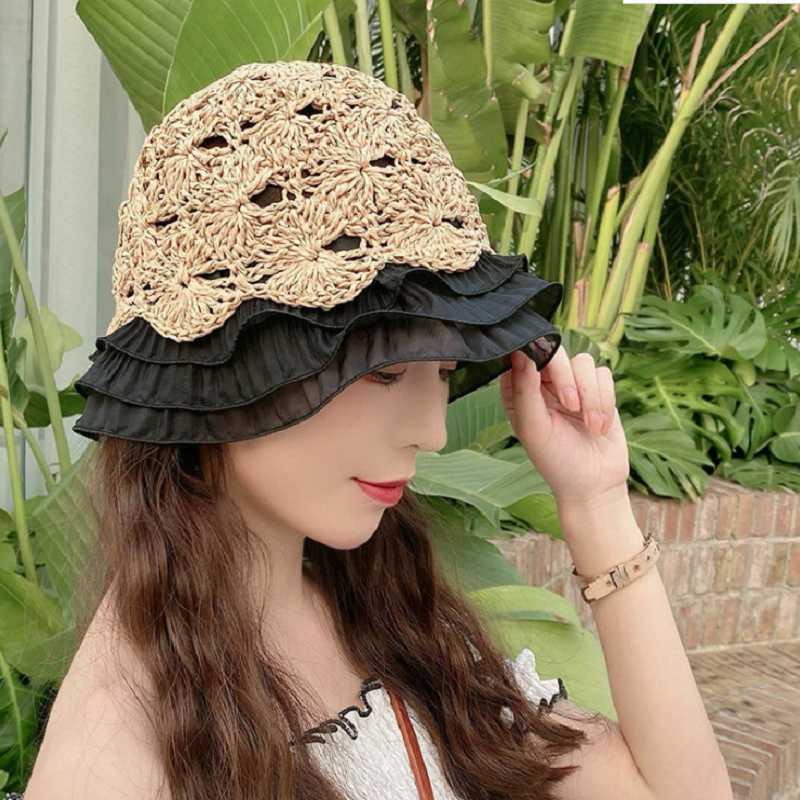

Summer Korean Girl Woven Lotus Leaf Straw Hat Woman Foldable Sun Hat Lace Beach Sunscreen Outdoor Hat, Pink