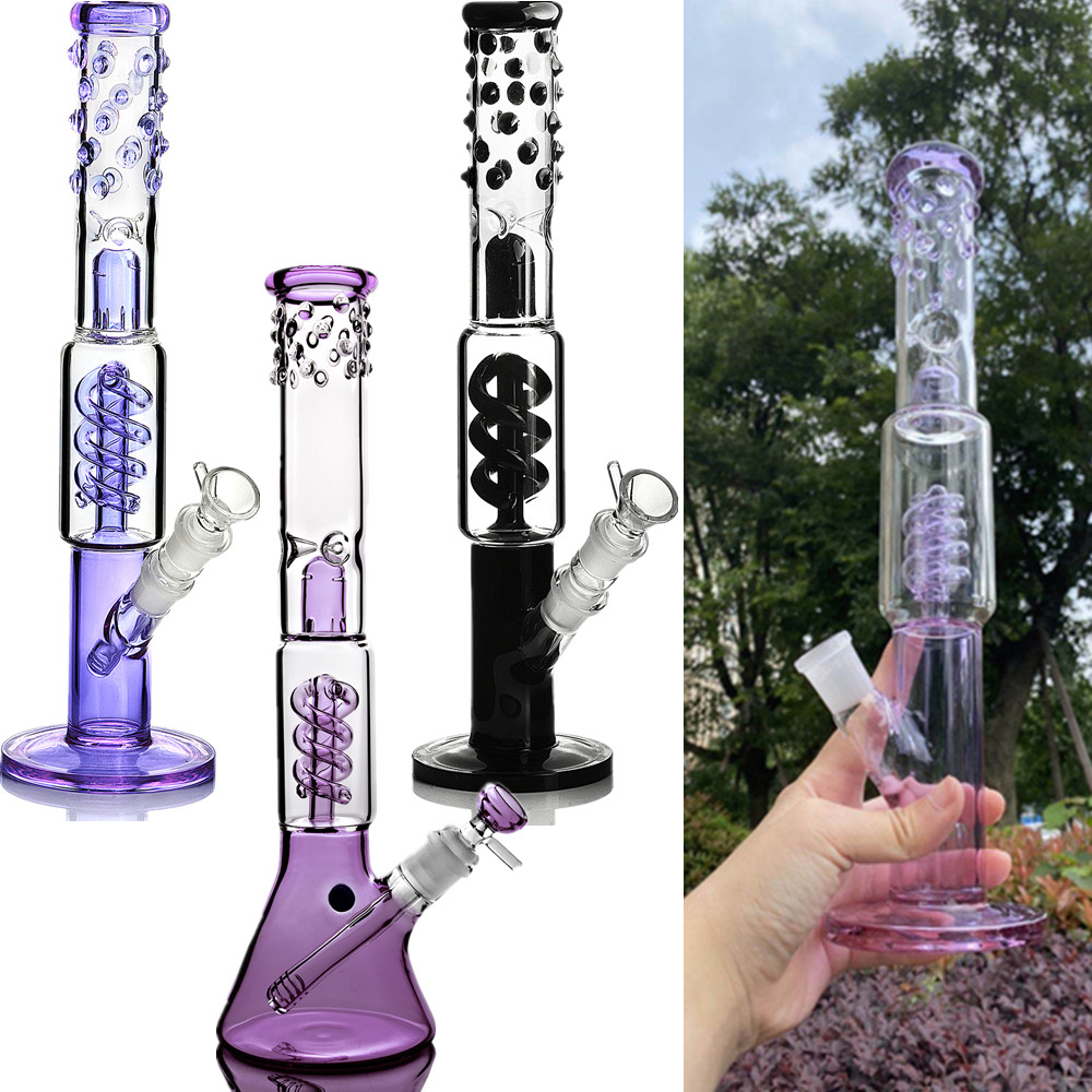 

Thick Glass Beaker Bong Hookahs Purple Spiral Bubbler Rigs Diffused Downsteam Water Pipes Blue Coil Condenser Percolator Smoking Shisha with 14 mm Joint