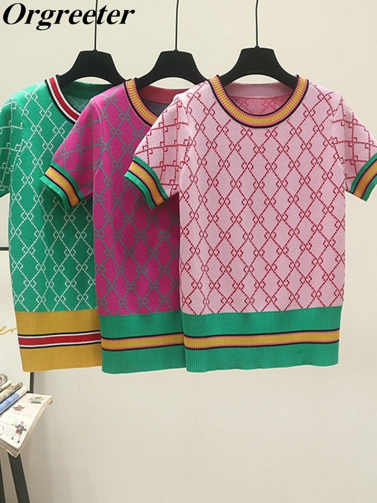 

Summer New Loose Thin Sweater Vintage Pullover Round Neck Geometric Clash Jacquard Casual Knit Jumpers Tops, Green