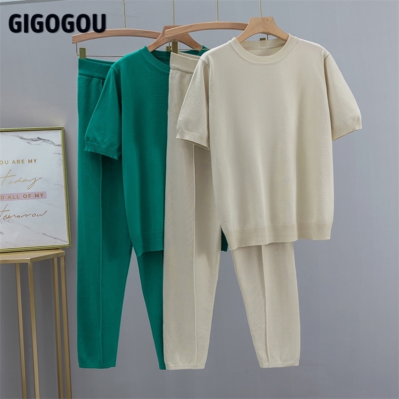 

GIGOGOU Spring Summer Women pant Tracksuits Fashion Knitted OverSized T shirt Set Ladies Casual Two piece T shirt Pant Suits 220728, Blue 628
