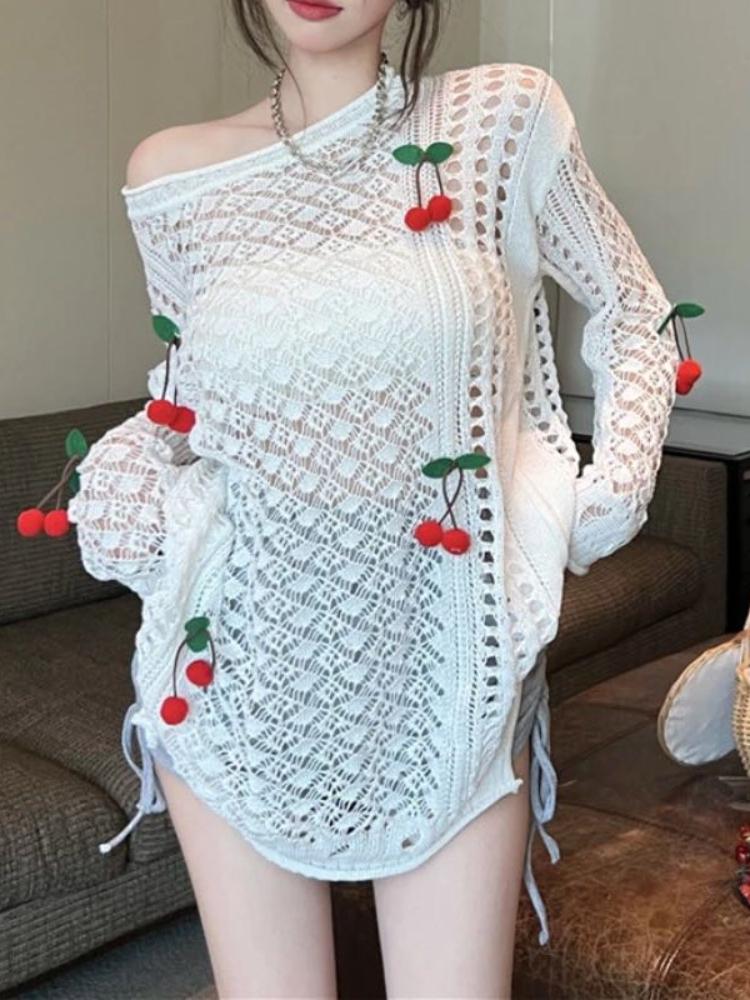 

Women' Sweaters Deeptown Korean Fashion Knitted Sweater Women Sweet Sexy Hollow Out Jumper Summer Long Sleeve Loose Sun-proof Tops Prairie, White