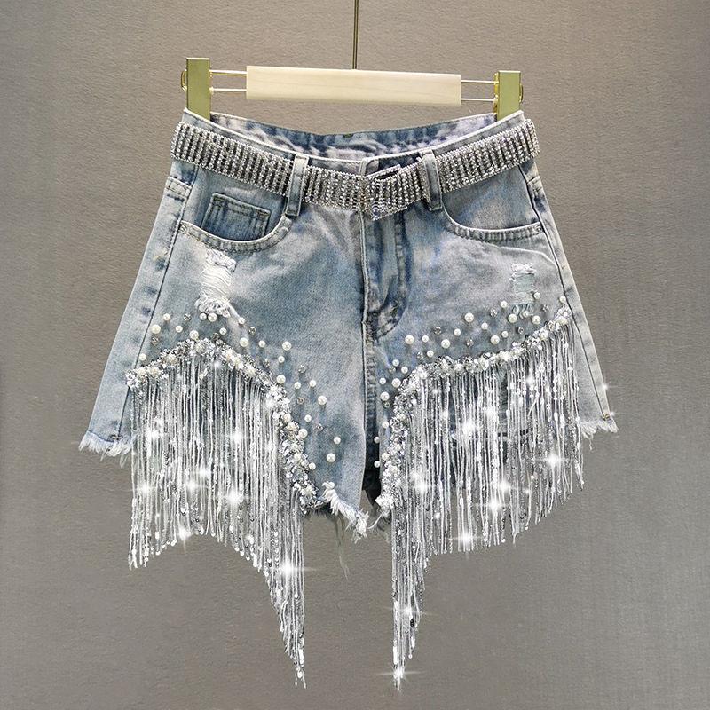 

Women' Jeans 2022 Women Spring Summer Elegant Shorts Lady Tassel Beading High Waist Wide Leg Denim Female Casual Solid, Blue