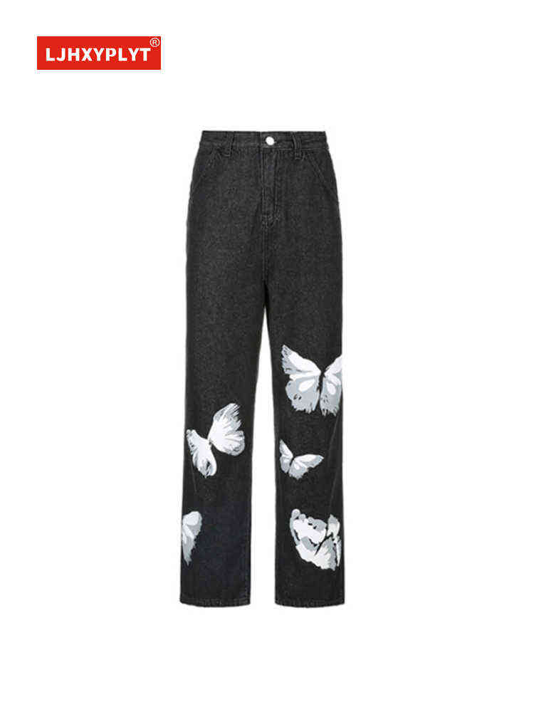 

Butterfly Print Straight Black Jeans Women's Spring Summer New American Loose High Waist All-match Wide-leg Denim Pants Female T220728