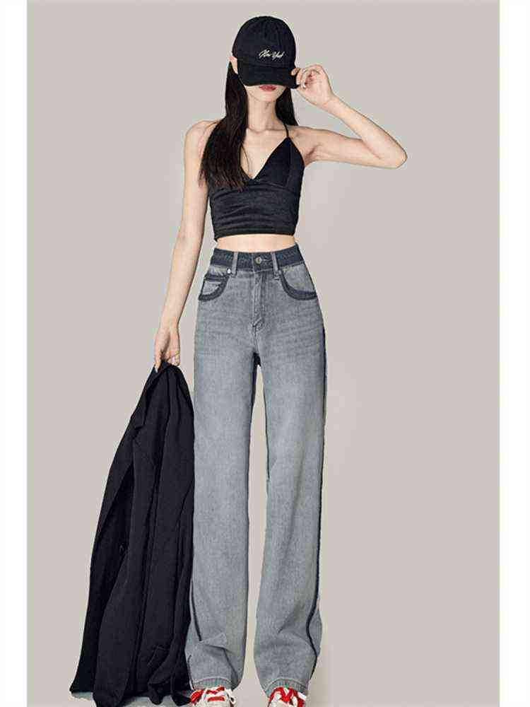 

Thin Straight Grey Jeans Women' Spring And Summer New High Waist Loose Design Contrasting Colors Wide Leg Mopping Denim Pants T220728, Gray