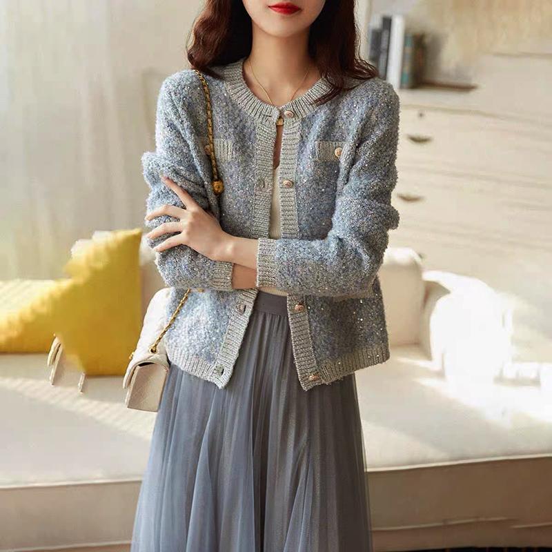 

Women's Knits & Tees Fashion Women Knitted Cardigan Elegant Autumn Fine Sequins Design High Quality Lady Sweater Coat Round Neck Vintage Blu, Blue
