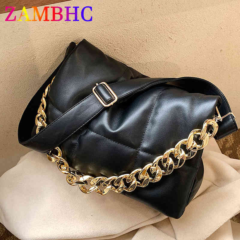 

Fashion Thick Chain Design Pu Leather Shoulder Messenger Bags for Women 2022 Winter Quilted Padded Handbag Luxury Brand Sac, Beige