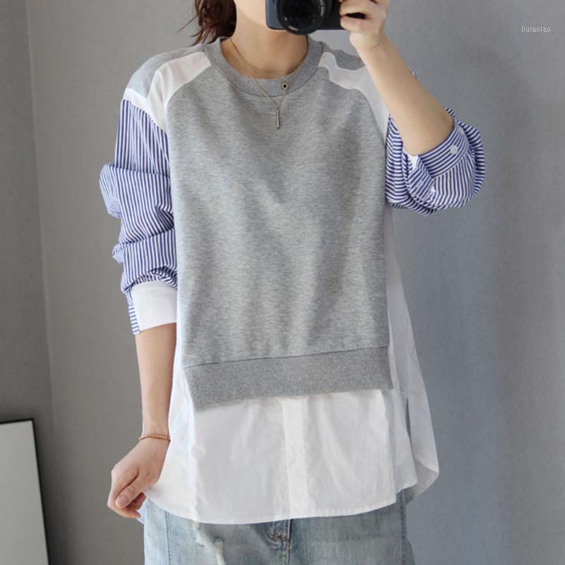 

Women's Blouses & Shirts Korean Fashion Autumn 2022 Commute Color Contrast Splicing Blouse Round Neck Long Sleeve Fake Two Loose Casual, Blue