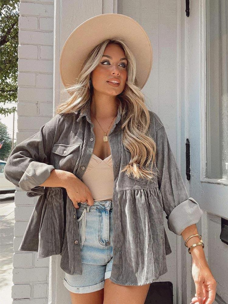 

Women' Jackets Fashion Women' Jacket Corduroy Long Sleeves Loose Casual Short Solid Coat Woman Clothes Winter Fall Cardigan Grey 2022W