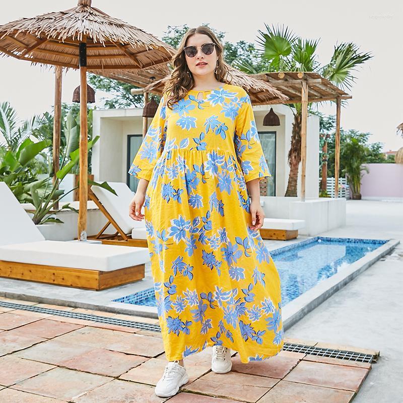 

Plus Size Dresses 2022 Spring Autumn Women Maxi Dress Casual Print O Neck Long Sleeve Female Clothes Loose 4XL Vestidoes Jasp22, Yellow