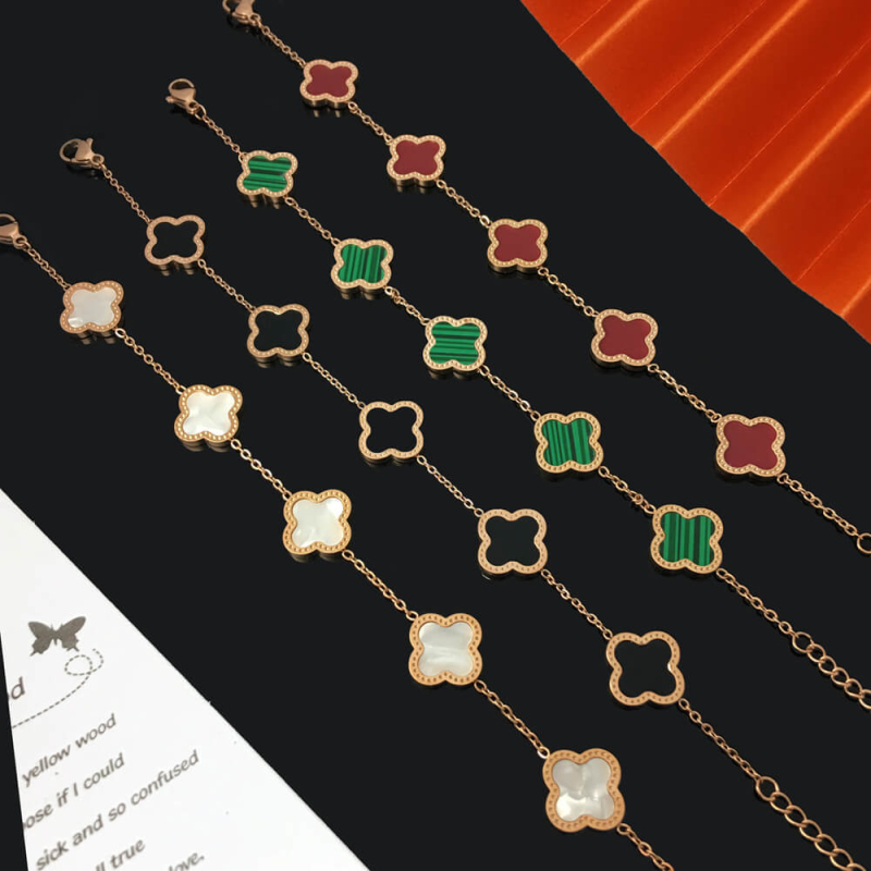 Luxury Design Colorful Four Leaf Clover Charm Bracelet 18K Rose Gold Stainless Steel Jewelry for Women Gift-image-759217116