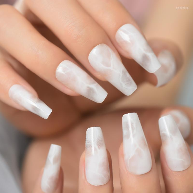 

False Nails Long Medium Length Ballerina Press On Cloud Stick Milky White Fingernails Coffin Faux Ongles Prud22, L5700