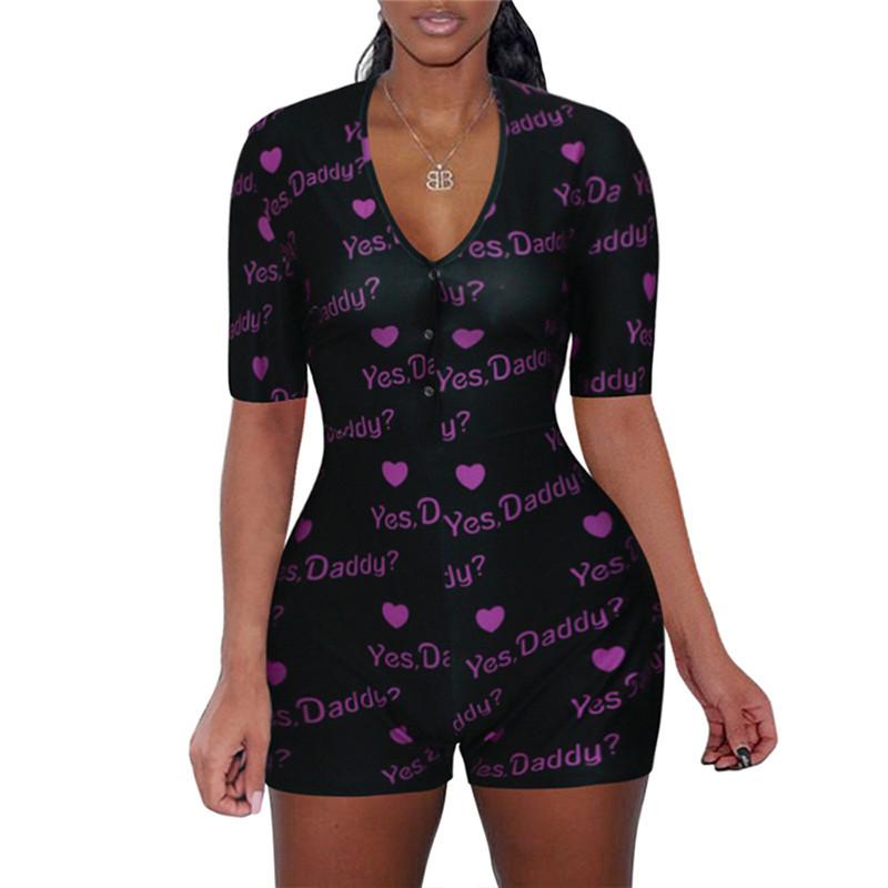 

Women' Jumpsuits & Rompers Women Sexy V-Neck Bodycon Bodysuit Casual Printed Button Sleepwear Leotard Playsuit Print Jumpsuit -2XLWomen