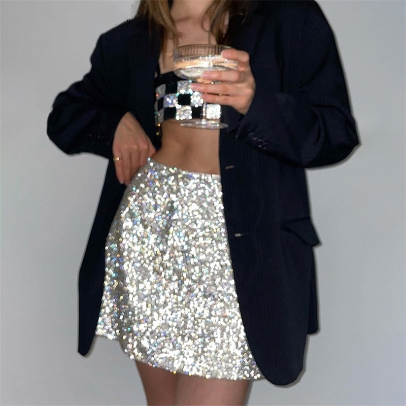 

Sweet Girl Summer Sexy Club Mini Skirt Women Silver Short Lolita High Waist Shiny Sequin Y2k Woman Mujer Faldas 220322