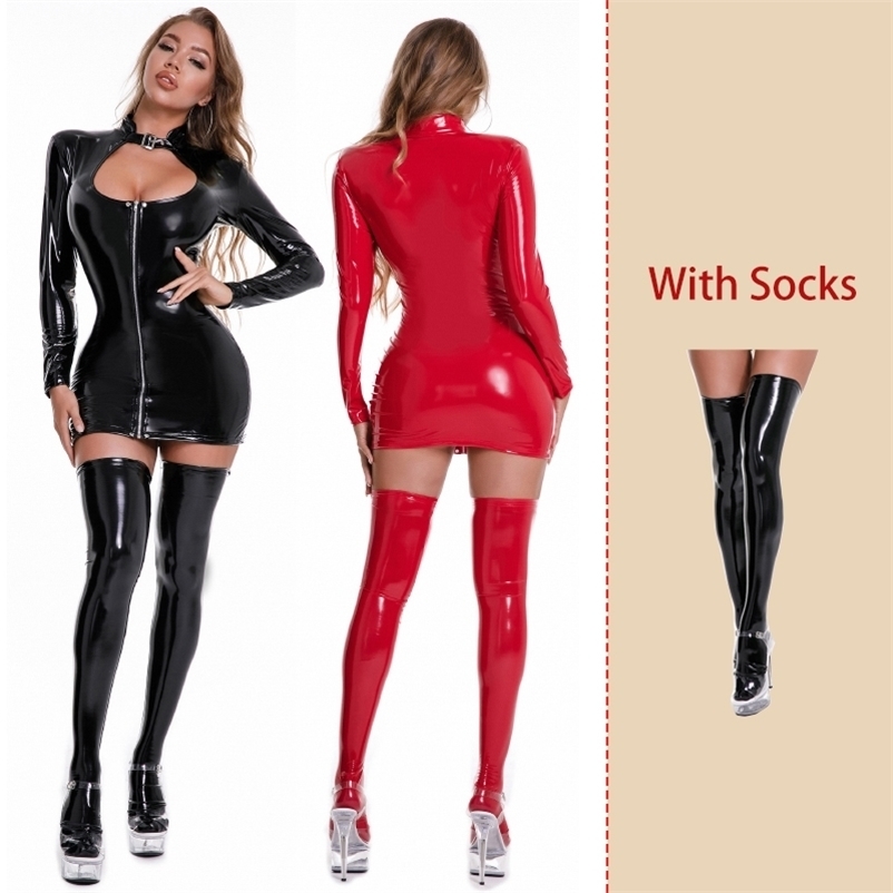 

Women PU Leather Dresses Long Sleeve Zipper Wetlook Latex Sheath Clothing Sexy Woman Backless Breast Exposing Short Outdoor Wear 220721, Black a
