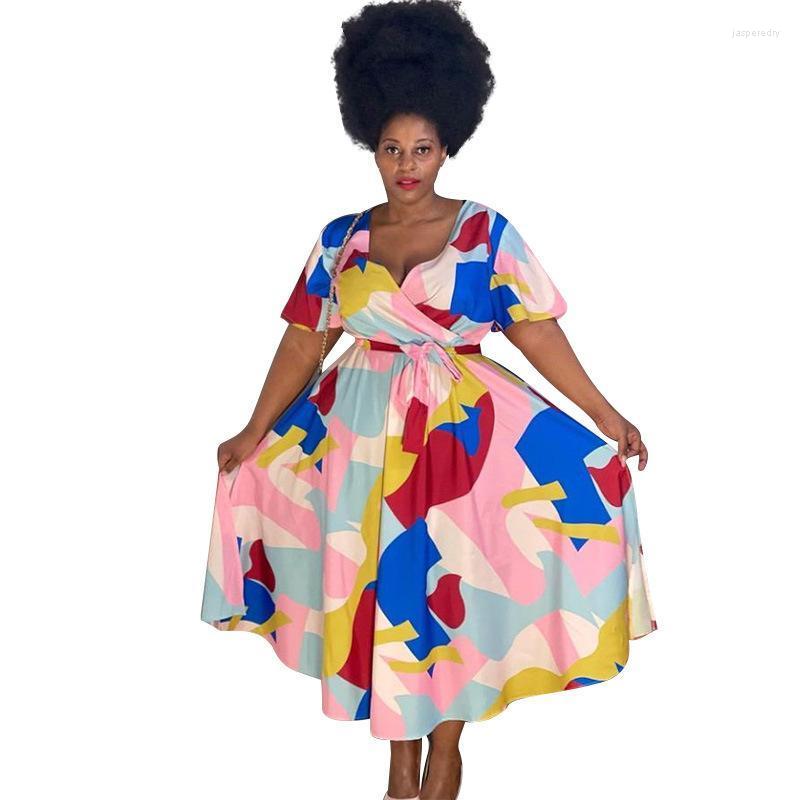 

Plus Size Dresses Print Short Sleeve Women Maxi Dress Ropa Mujer Talla Grande V-neck Collect Waist Outfit Jasp22, Multi