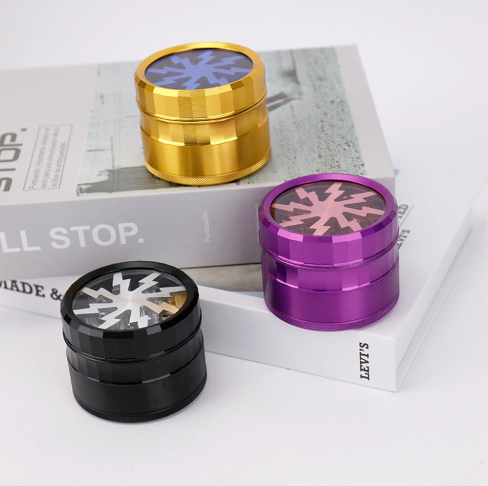 

Tobacco Smoking Herb Grinders 4 parts Aluminium Alloy material dia 63mm Straight waist eight teeth have 5 colors With Clear Top Window Lighting Grinder