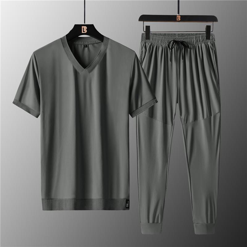 

Men's Tracksuits Summer Ice Silk V-neck Short-sleeved T-shirt Large Size Sports Suit Men's Quick-drying Thin Two-piece Loose Casual Tren, Dark blue