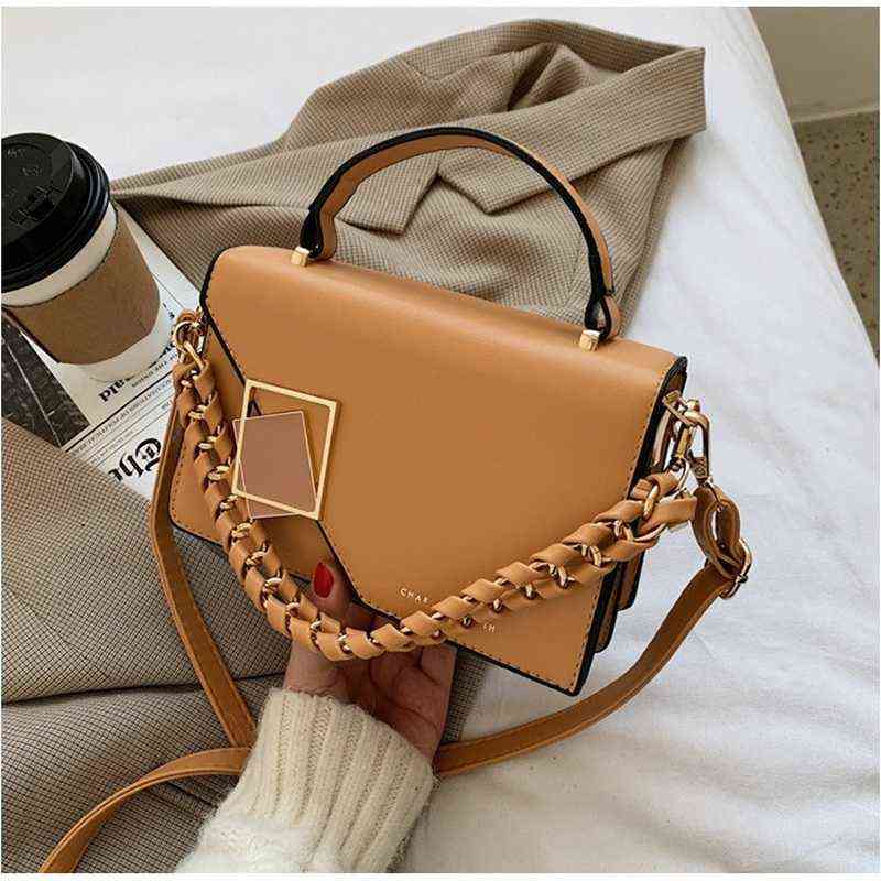 

Evening Bags Women Crossbody Solid Color Pu Leather Small Shoulder Ladies Chain Handle Handbag Fashion Geometric Metal Lock Design 220727, Brown bag