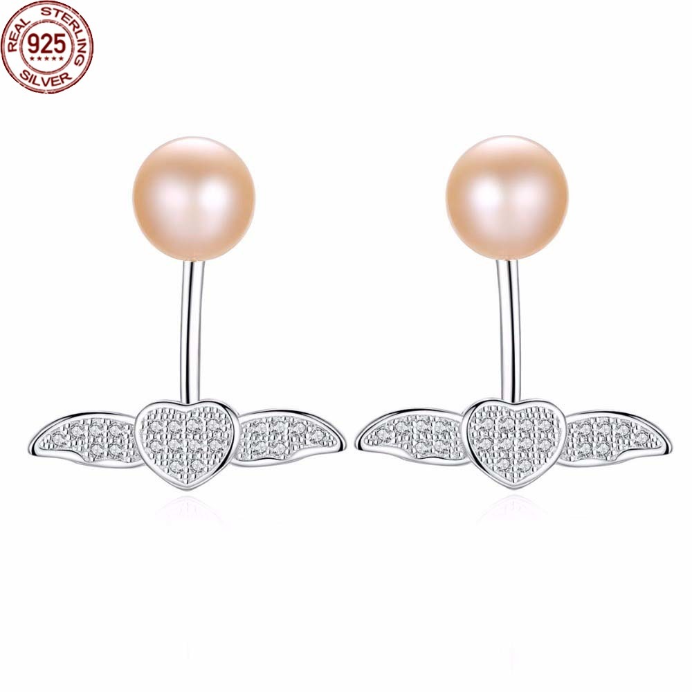 

Stud Pearl Earrings 925 Sterling Silver with Tiny Cubic Zirconia Cute Love Wing Shap