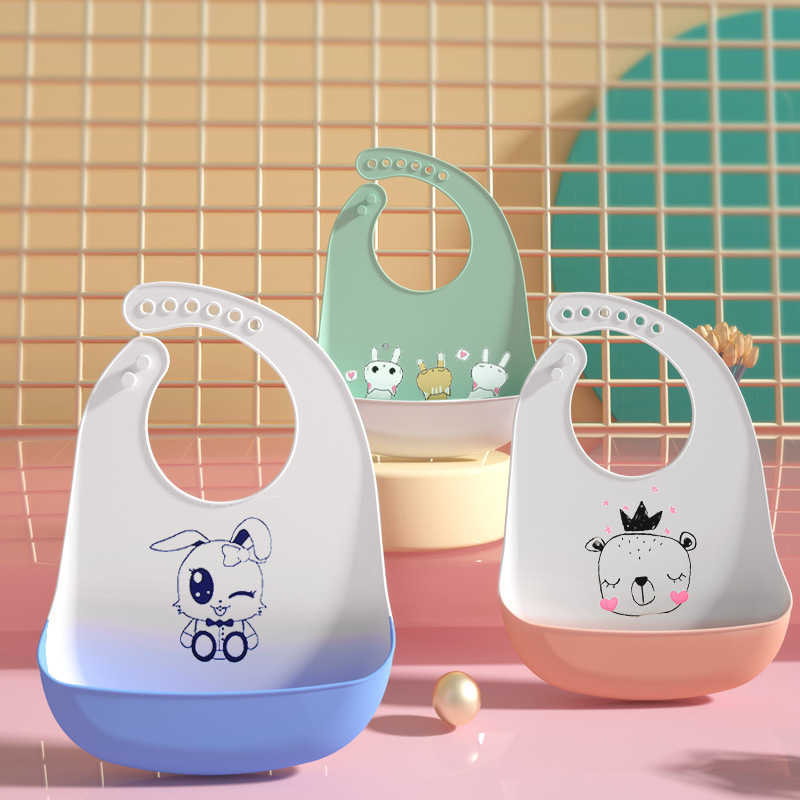 2022 Cute Baby Waterproof Silicone Bib Infant Toddler Feeding Saliva Towel Cartoon Adjustable Children Apron with Pocket-image-759638366