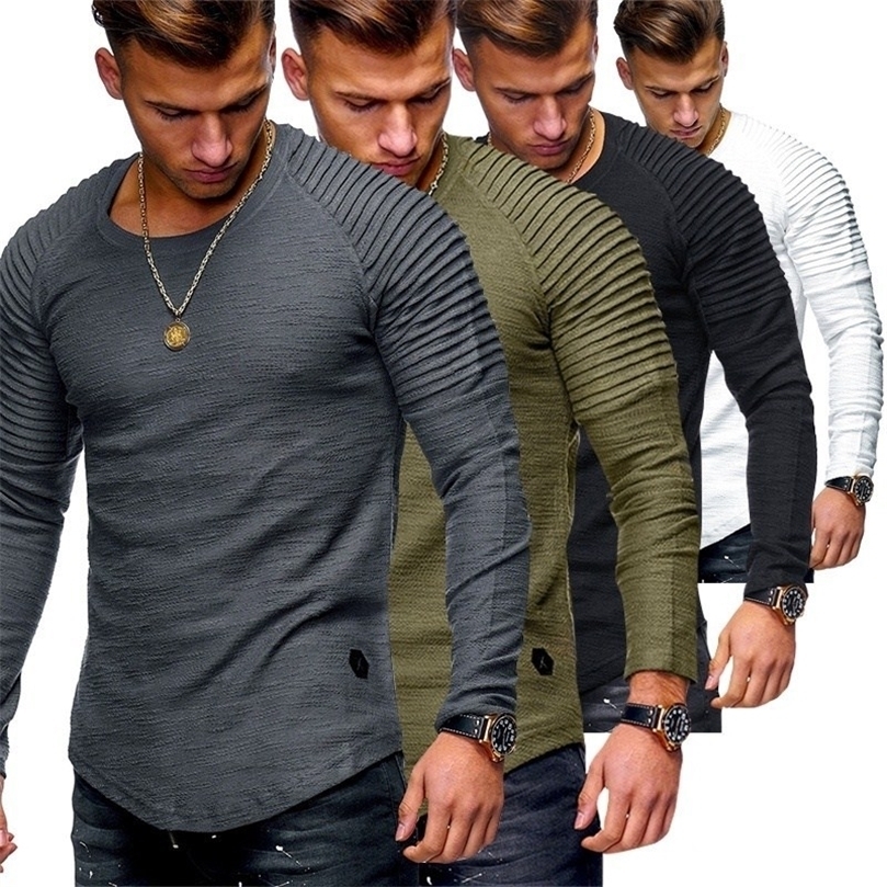 

Solid Color Sleeve Pleated Patch Detail Long Sleeve T-Shirt Men Spring Casual Tops Pullovers Fashion Slim Basic Tops 220407, Army green