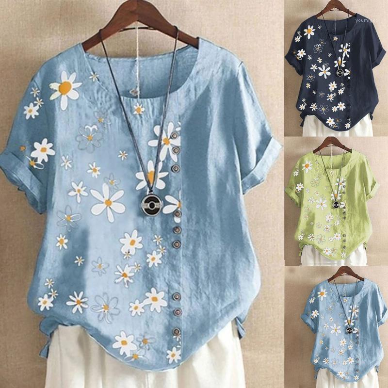 

Women's Blouses & Shirts Casual Women Plus Size Daisy Flower Print Buttons Cotton Linen Vintage Tops Ladies Retro O-Neck Short Sleeve Shirt, Sky blue