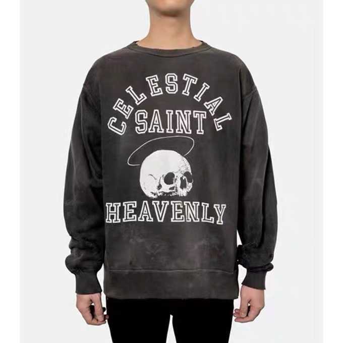 

Men' Hoodies Saint Michael 21aw heavy wash worn damaged skull print Vintage crew neck sweater, Dark gray