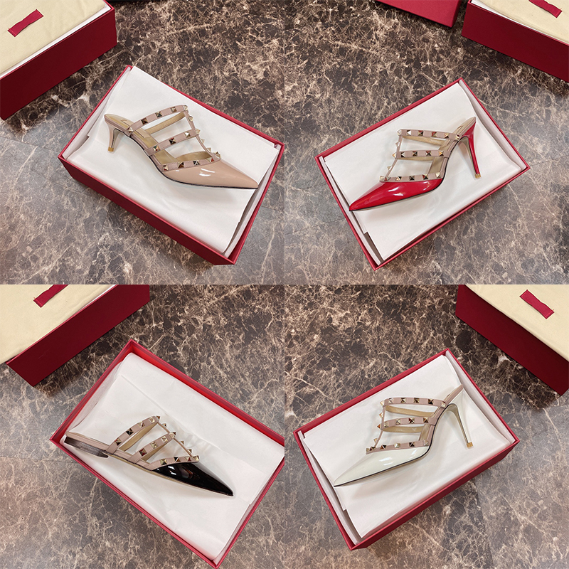 

Luxury Womens Dress Shoes designer sandals Calfskin patent leather studs pumps with box High Heels Flat Slides red black white Wedding Party slippers Fashion sandal, Double box