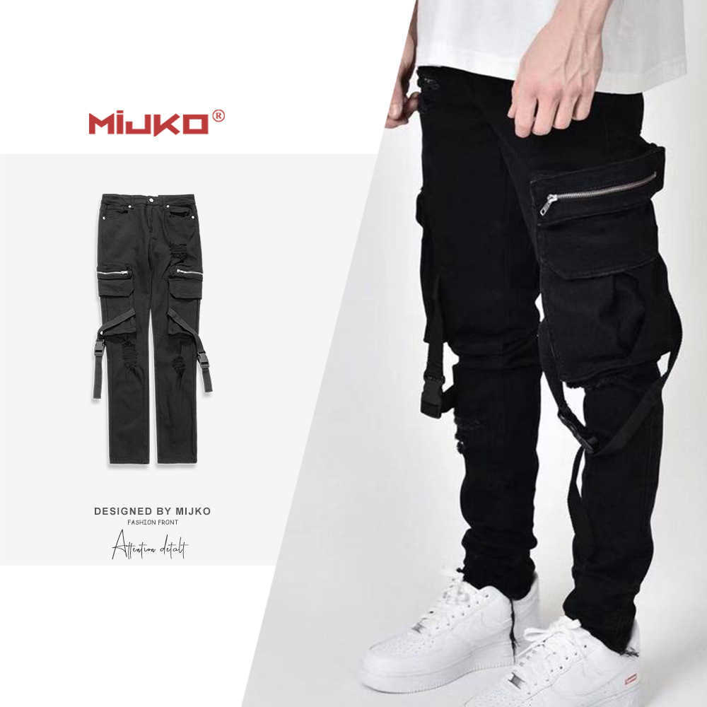 

Men's Pants Mijko men's wear women's autumn and winter new Multi Pocket buckle ribbon functional pants couple's small leg jeans, Black