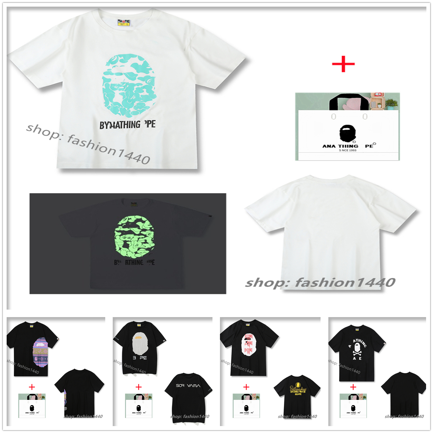 

apes Men's t shirt shark head women's short-sleeved T-shirt fake zipper high quality luminous starry gradient camouflage couple cotton bottoming shirt with tote bag A04, 1 pcs button