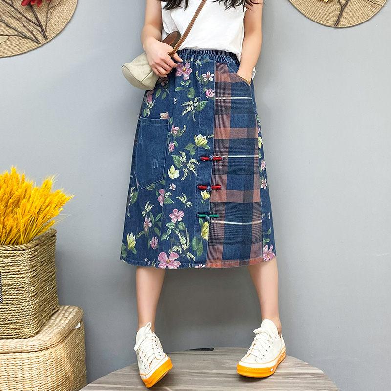 

Skirts Summer Denim Skirt Female Loose Oversize Retro Printed Disc Button Big Pocket Midi Casual Patchwork Jeans Saia Zh1292Skirts, Vitange blue
