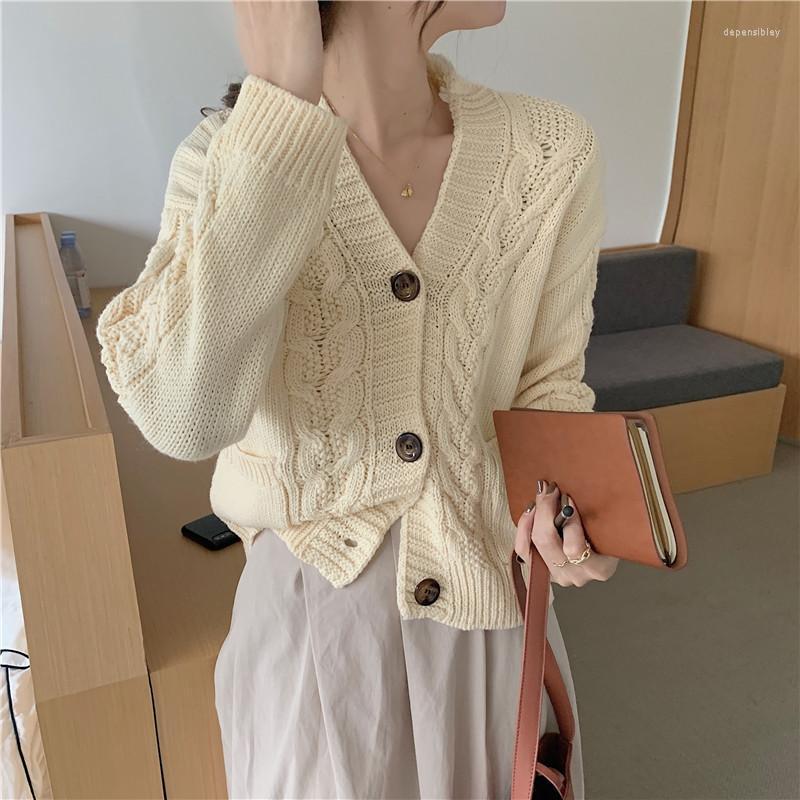 

Women's Knits & Tees Autumn Style Korean Loose V-neck Twist Long-sleeved Sweater Depe22, Khaki