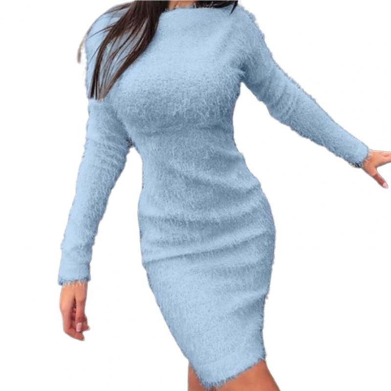 

Casual Dresses Elegant Women Dress Long Sleeve Solid Color Round Neck Tight Waist Slim Autumn Winter Ladies Sweater VestidosCasual, Khaki