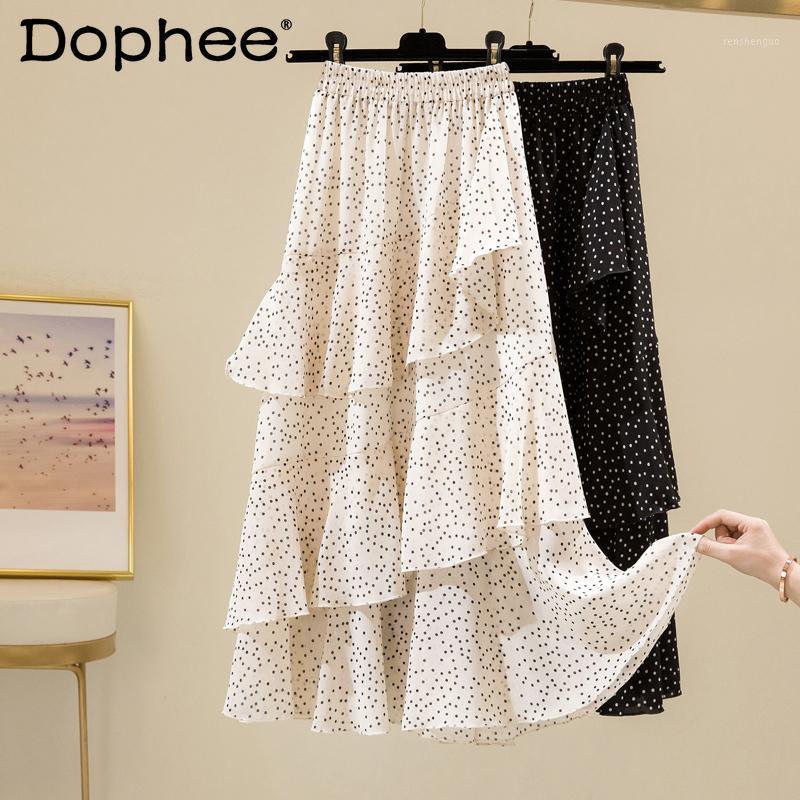 

Skirts Polka Dot Cake Chiffon Skirt Women' 2022 Elegant Irregular Ruffled Casual Loose A- Line Long Female Pleated Summer, Black