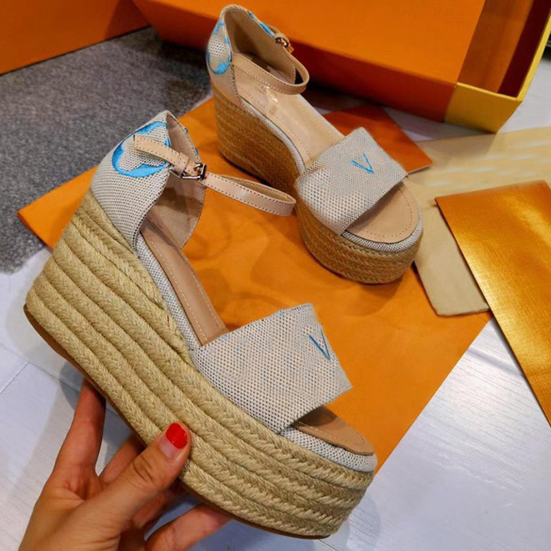 2022 Designer Espadrilles Chaussures tribord côteaux Sandales Femmes Pumps High Heels Imprimée toile Lady Marié Robe de mariée Chaussures avec bo