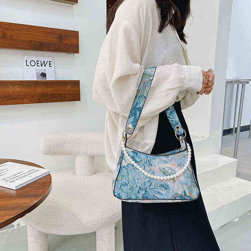 

Evening Bags Elegant Flower Painting Shoulder Casual Canvas Handbags For Women Pearl Chain Forearm Bag Ladies Small Tote 220416, Blue