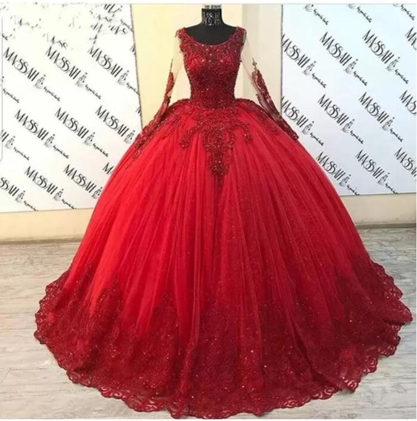 

2022 Vintage Puffy Ball Gown Quinceanera Dresses Long Sleeve Red Tulle Beaded Lace Sweet 16 Mexican Party Dress Cinderella Ball Gowns BC11332, Gold