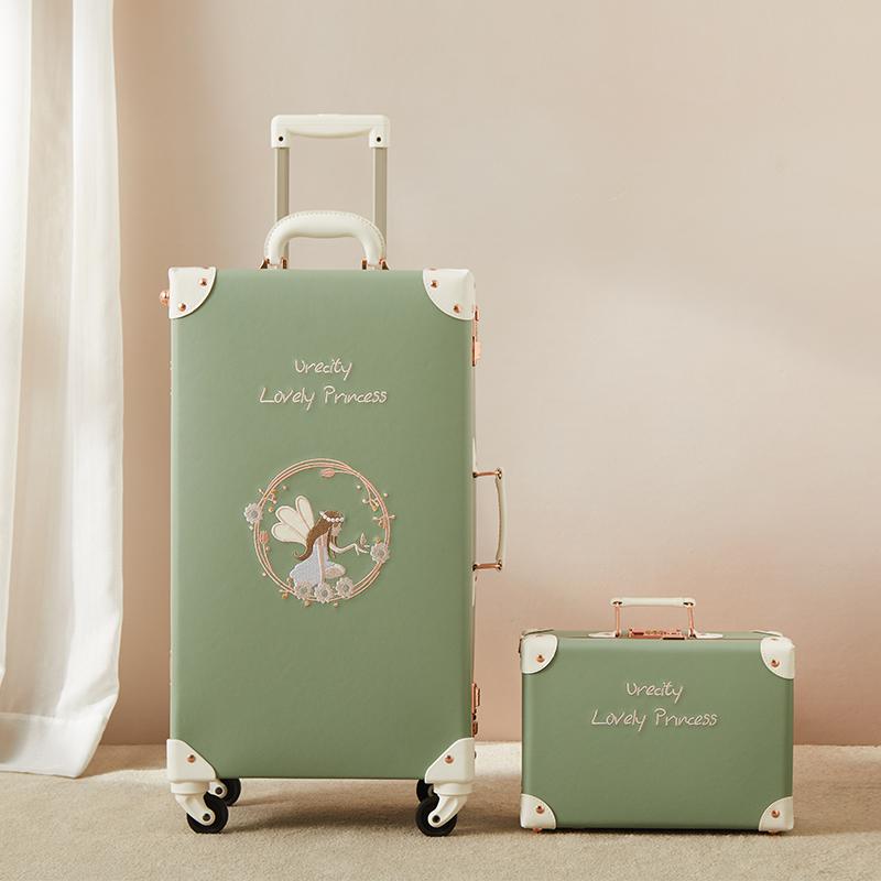 

Suitcases Luxury Handmade Travel Luggage With Cosmetic Bag Fashion Green Rolling Girls Makeup Women Trolley Suitcase