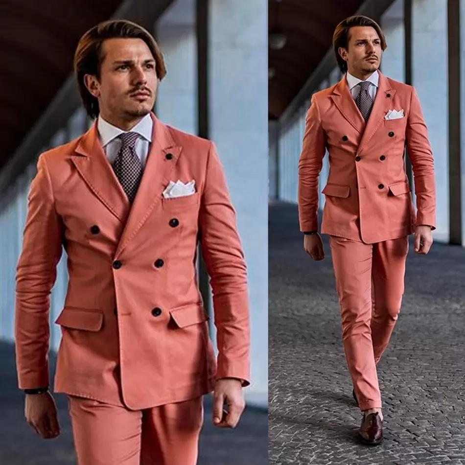 Double Breasted Men Groom Wedding Tuxedos Peaked Lapel Formal Groom Wear 2 Pieces Business Prom Party Blazer Jacket Pants