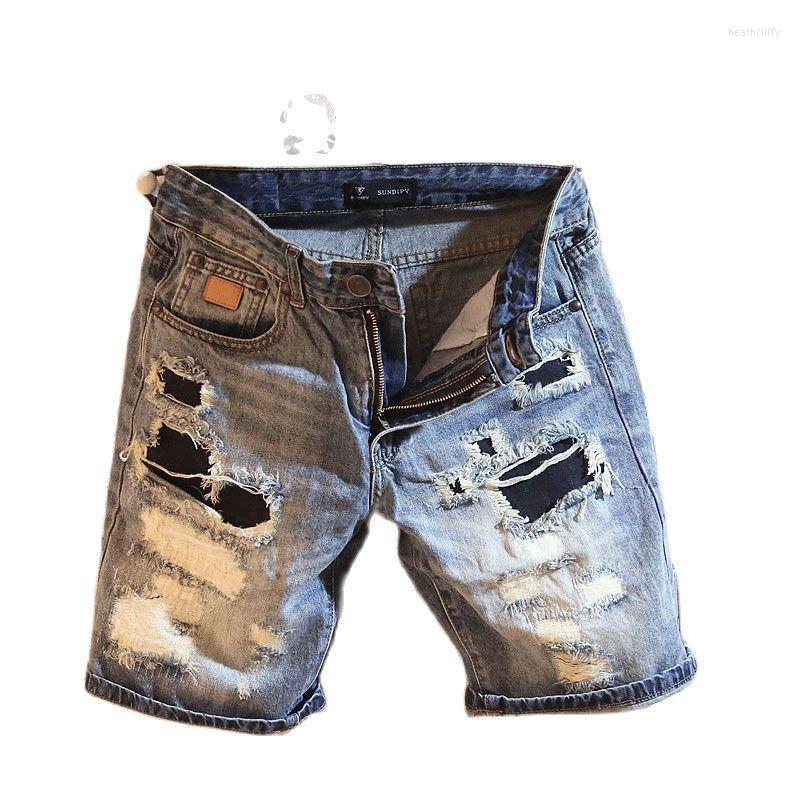 

Men's Jeans Summer Men's Straight Washed Denim Shorts With Ripped Holes Trendy Brand Fashion Distressed Cowboy Short JeansMen's Heat22, Blue