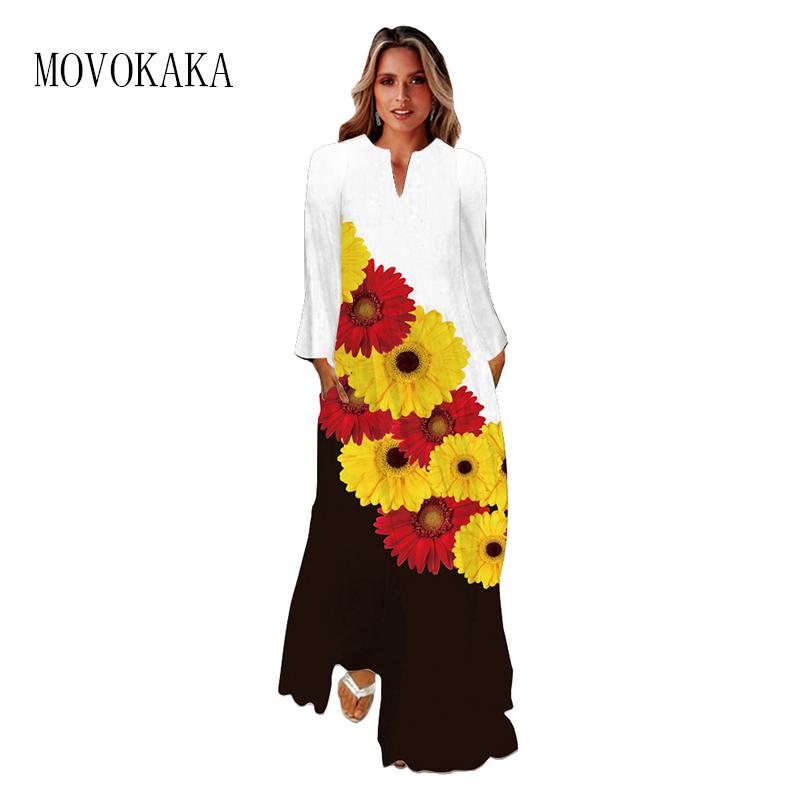 

Casual Dresses MOVOKAKA Spring Autumn Long Sleeve Loose Elegant 3D Flowers Print Breathable Woman Beach Dress Women, Black;gray