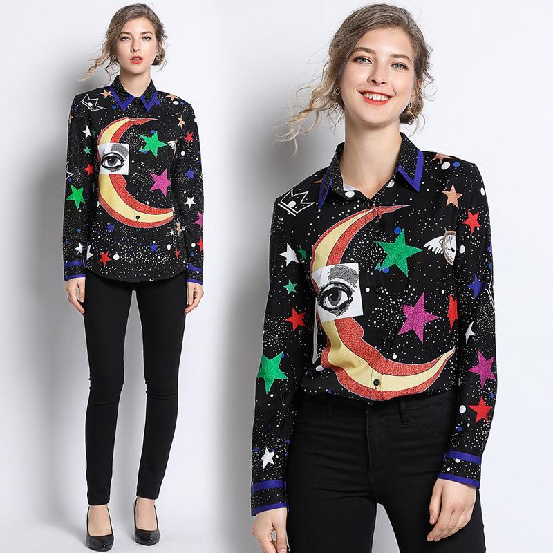 

Spring Summer Fall Runway Floral Print Collar Button Front Up Down Long Sleeve Women Party Casual Top Shirts Blouse, As pic