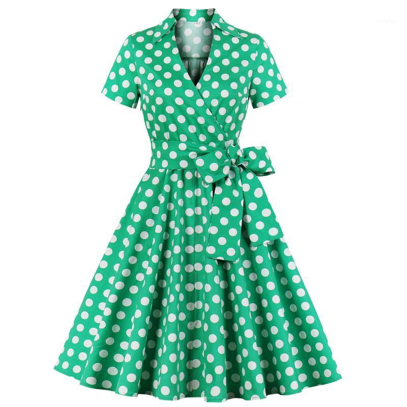 Robes de soirée Hepburn à manches courtes femmes robe d'été bureau Slim Fit S-4XL grande taille dames coton Vintage Rockabilly vert à pois