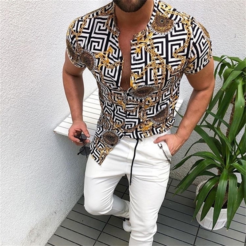 

Summer European American Mens Clothing Casual Fashion Printed Shirt Cardigan Short Sleeve Men 220527