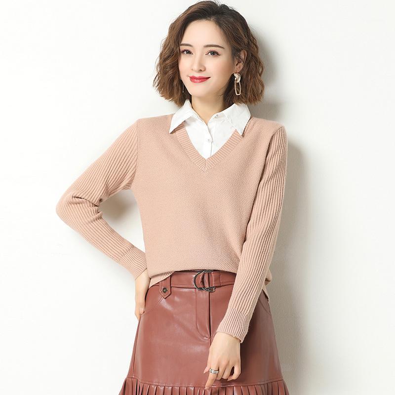 

Women' Sweaters Mother Knit Sweater Autumn Winter Women 2022 Casual Fashion Shirt Collar Patchwork Loose Basic Pullover Knitted Tops, Beige