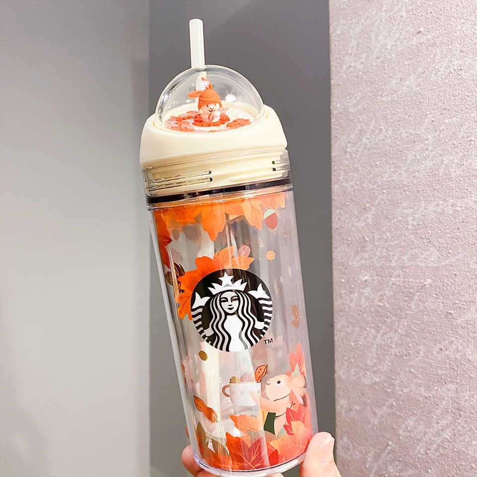 Starbucks cup new Mid Autumn Festival maple leaf sand leaky ball plastic straw cup Mermaid drinking cup 355ml