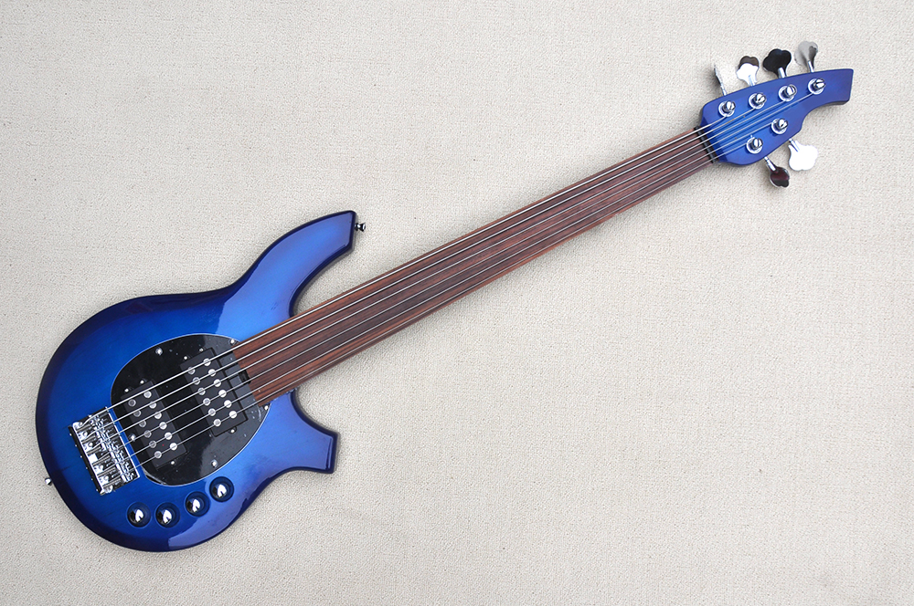 

Factory Custom Blue 6 Strings Electric Bass Guitar with Fretless Black Pickguard Rosewood Fingerboard Offer Customi
