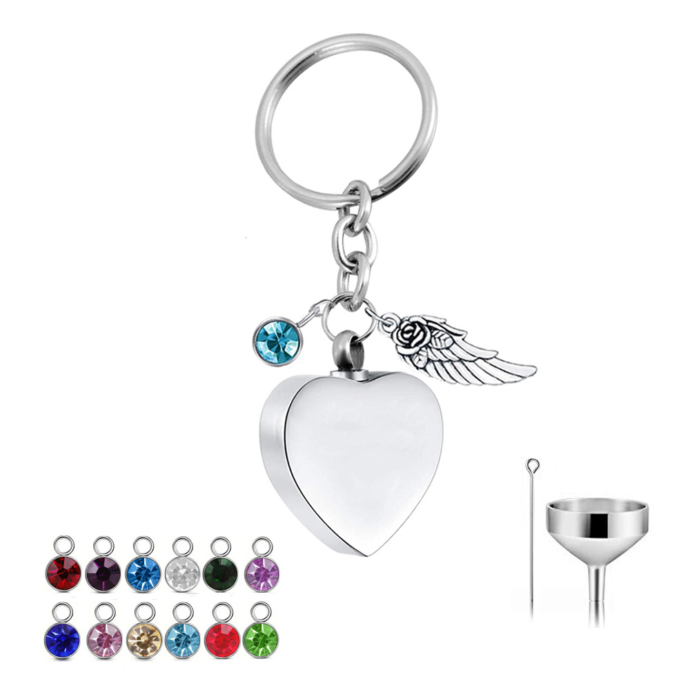 

12 colors Angel Wing Charm Key Rings Cremation Ashes Jewelry Souvenir Keychain Heart Shape Memorial Urn with Birthstone Crystal